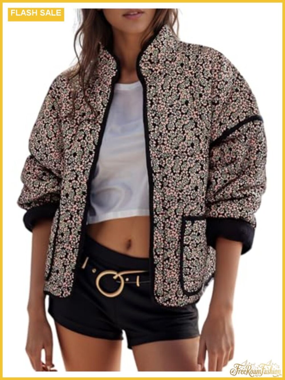 Womens Quilted Puffer Jacket Floral Print Cropped Open Front Lightweight
